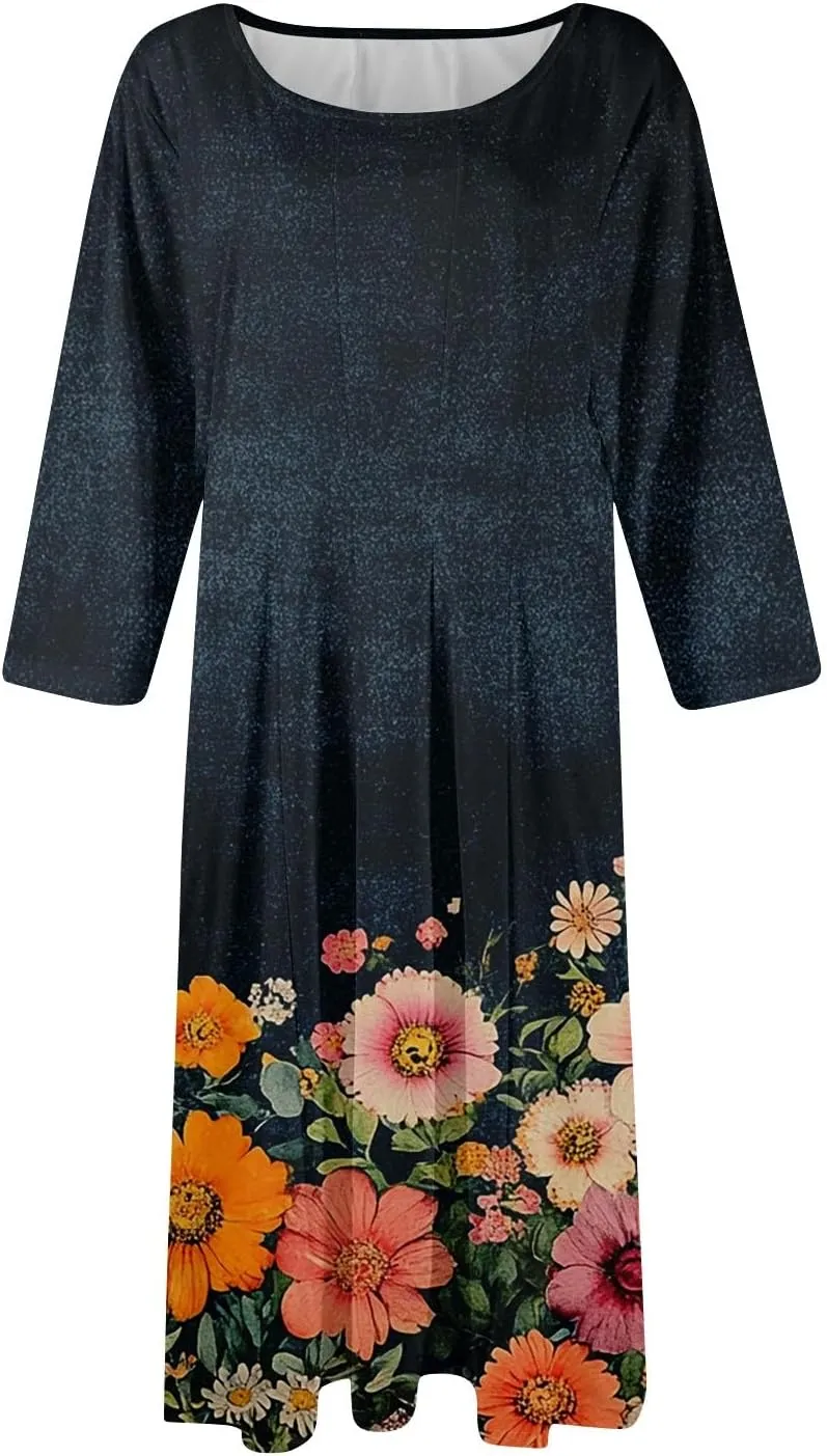 Women's Cruise Outfits 2025 Summer Casual Loose Trendy 3/4 Sleeve Floral Print Midi Dress Plus Size, S-3XL