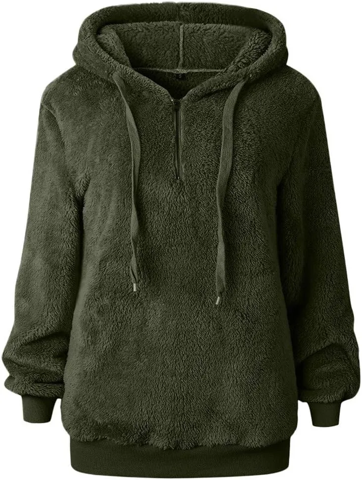 Women's Fuzzy Fleece Hoodies Zip Up Pullover Sherpa Sweatshirt 2023 Fall Winter Casual Oversized Warm Fluffy Coat Plus Size