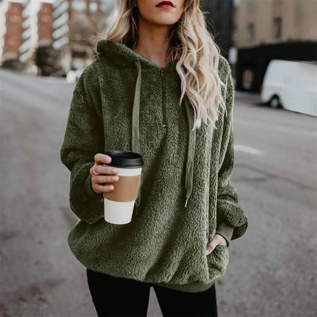 Women's Fuzzy Fleece Hoodies Zip Up Pullover Sherpa Sweatshirt 2023 Fall Winter Casual Oversized Warm Fluffy Coat Plus Size
