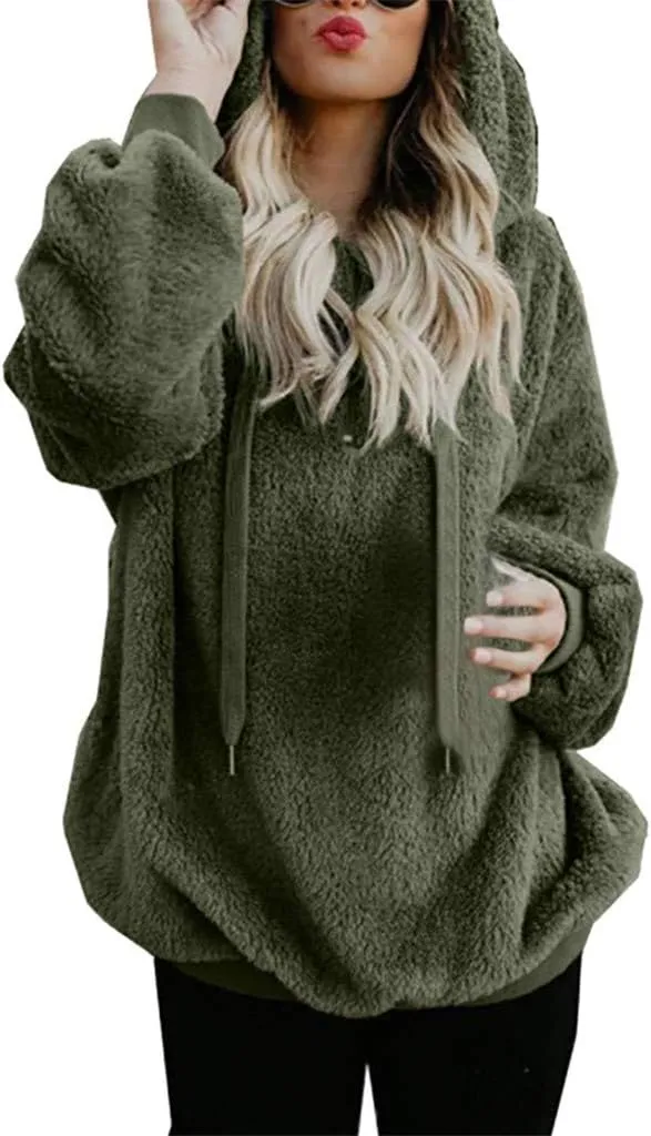 Women's Fuzzy Fleece Hoodies Zip Up Pullover Sherpa Sweatshirt 2023 Fall Winter Casual Oversized Warm Fluffy Coat Plus Size