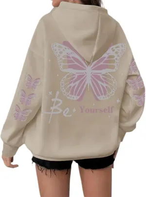 Womens Plus Size Hoodie Long Sleeve Butterfly Print Loose Hooded Sweatshirt with Pocket Casual Streetwear Outfits