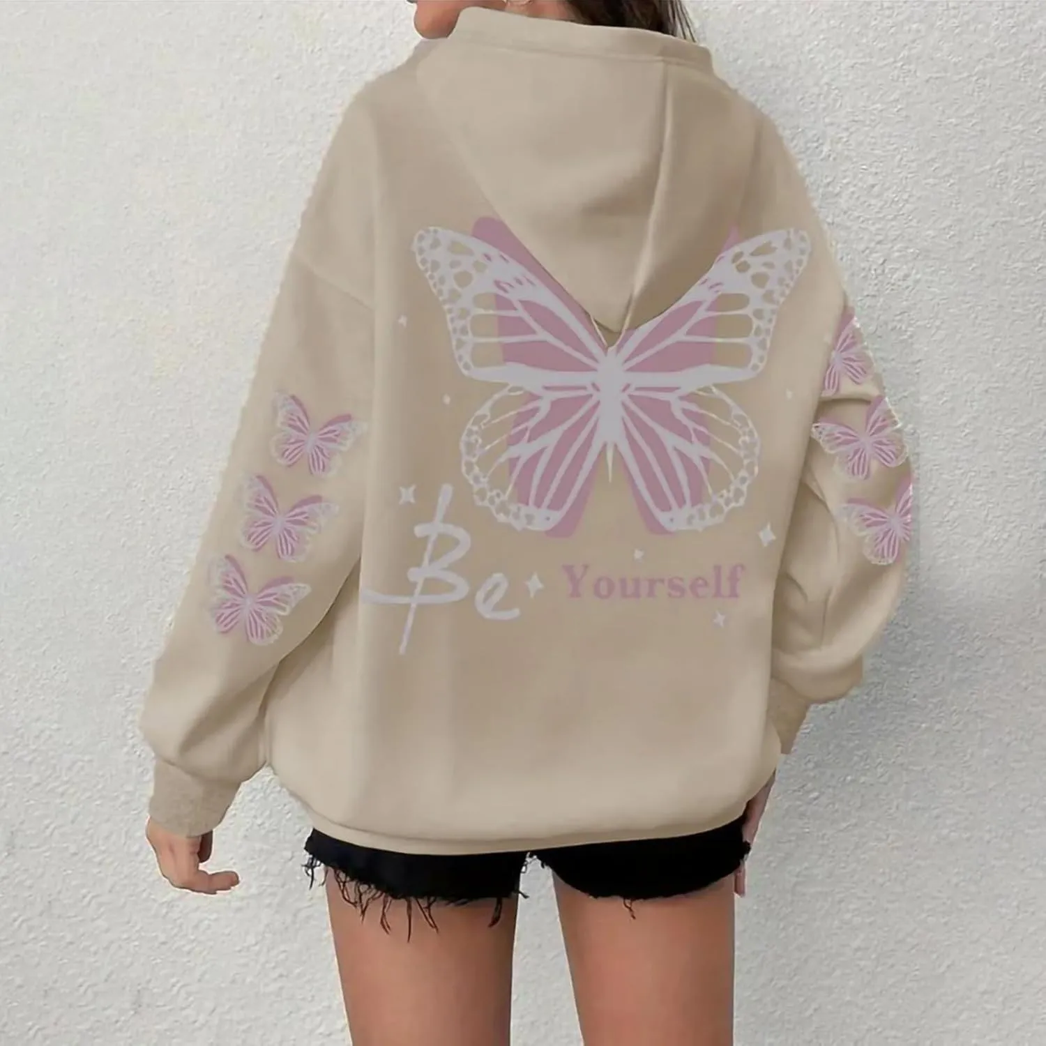 Womens Plus Size Hoodie Long Sleeve Butterfly Print Loose Hooded Sweatshirt with Pocket Casual Streetwear Outfits