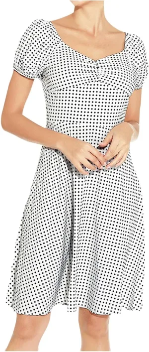 Womens Polka Dot V Neck Puff Sleeve Ruffles Loose Mini Dress Flowy A Line High Waist Summer Dress Cute Babydoll Dress