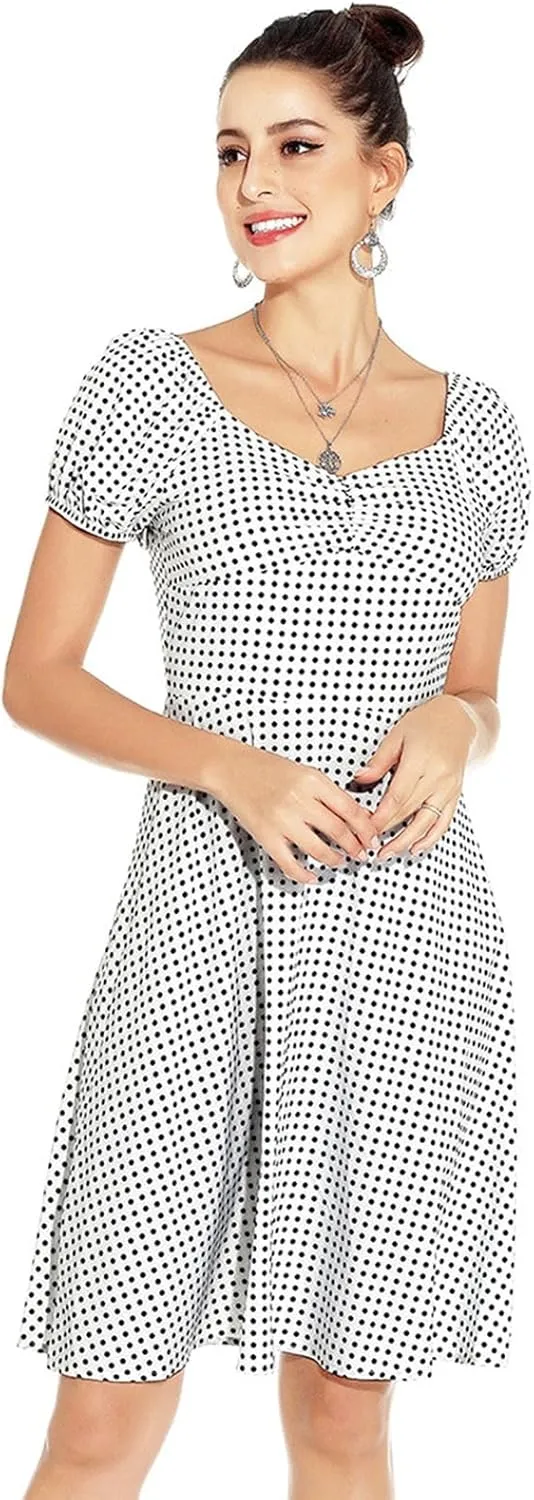 Womens Polka Dot V Neck Puff Sleeve Ruffles Loose Mini Dress Flowy A Line High Waist Summer Dress Cute Babydoll Dress