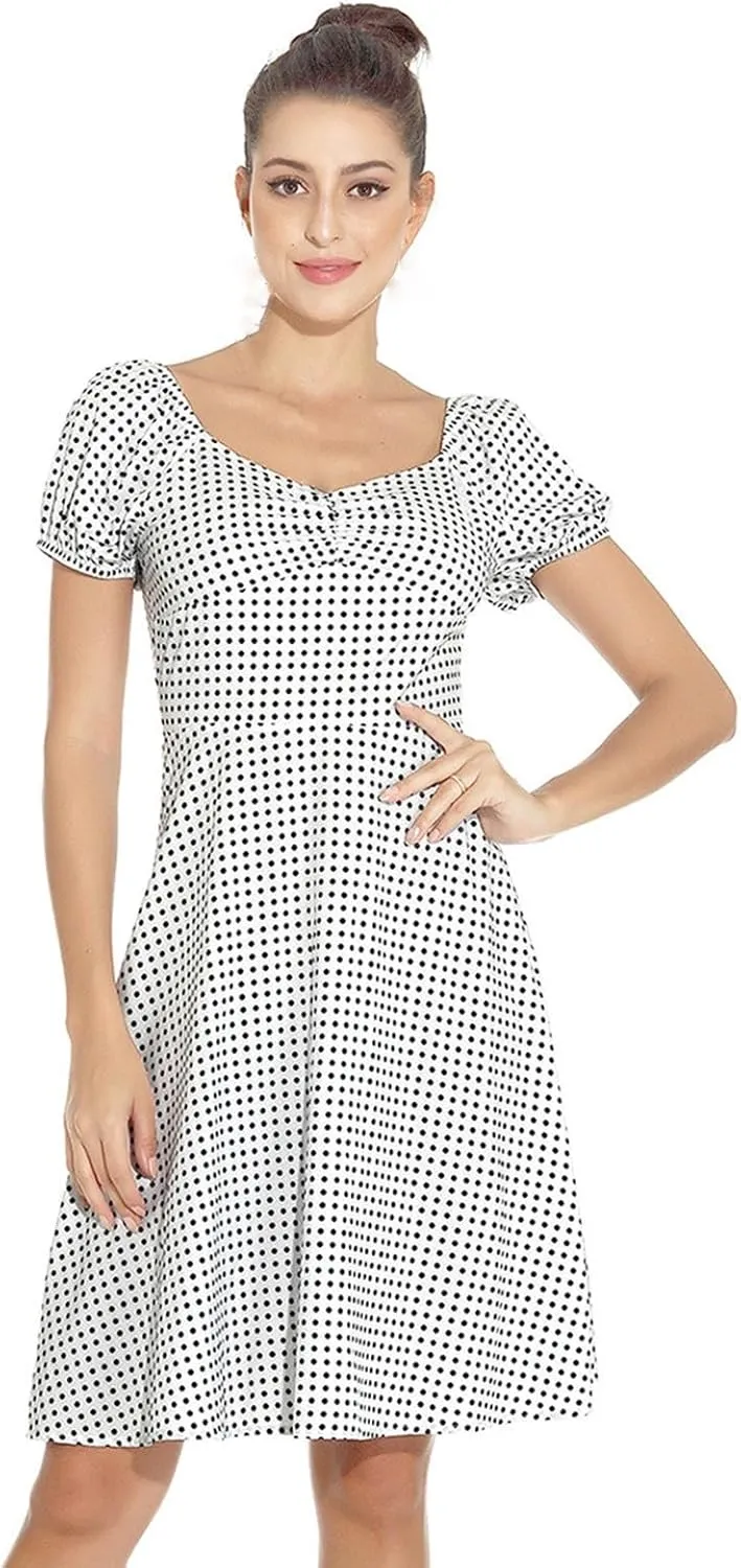 Womens Polka Dot V Neck Puff Sleeve Ruffles Loose Mini Dress Flowy A Line High Waist Summer Dress Cute Babydoll Dress