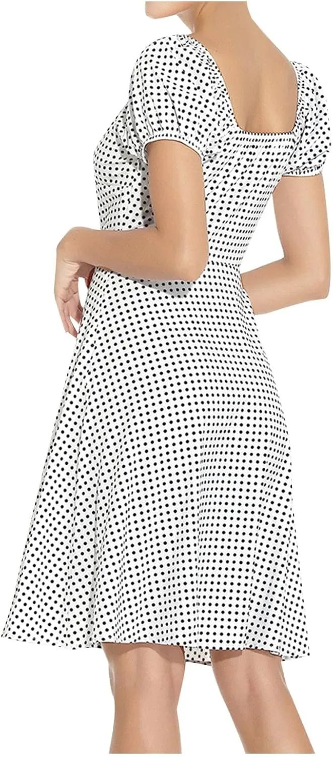 Womens Polka Dot V Neck Puff Sleeve Ruffles Loose Mini Dress Flowy A Line High Waist Summer Dress Cute Babydoll Dress