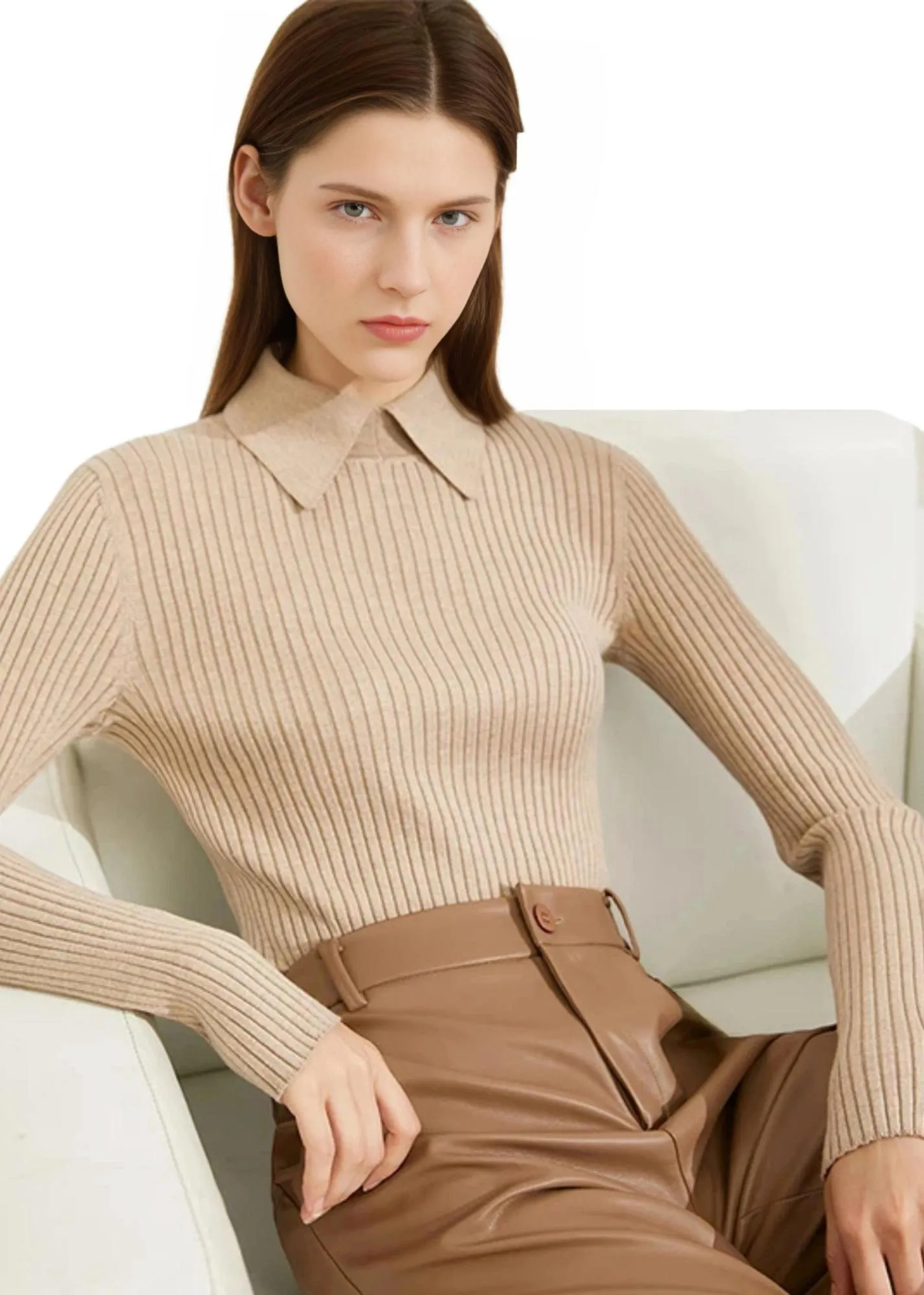 Women's Polo Sweaters Fashion Long Sleeve Wool Pullovers Long Sleeve Knitted Tops Office Lady Spring Sweater