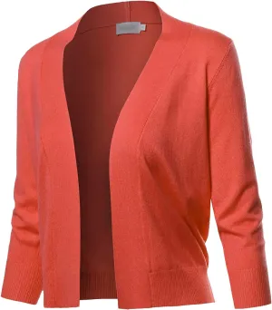 Women's Solid Open Front Soft Stretch 3/4 Sleeve Layer Short Cardigan