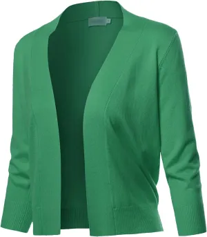 Women's Solid Open Front Soft Stretch 3/4 Sleeve Layer Short Cardigan