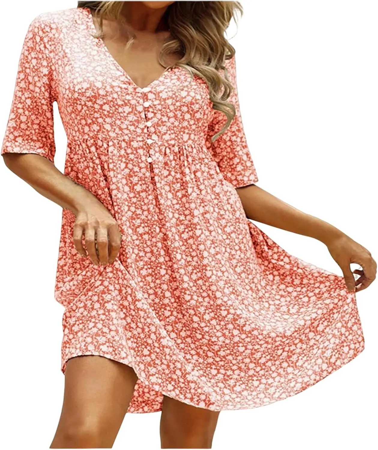 Womens Summer Dresses Casual Floral Print Midi Dress Button V Neck Short Sleeve Dresses Loose Beach Swing Sundresses