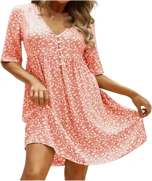 Womens Summer Dresses Casual Floral Print Midi Dress Button V Neck Short Sleeve Dresses Loose Beach Swing Sundresses