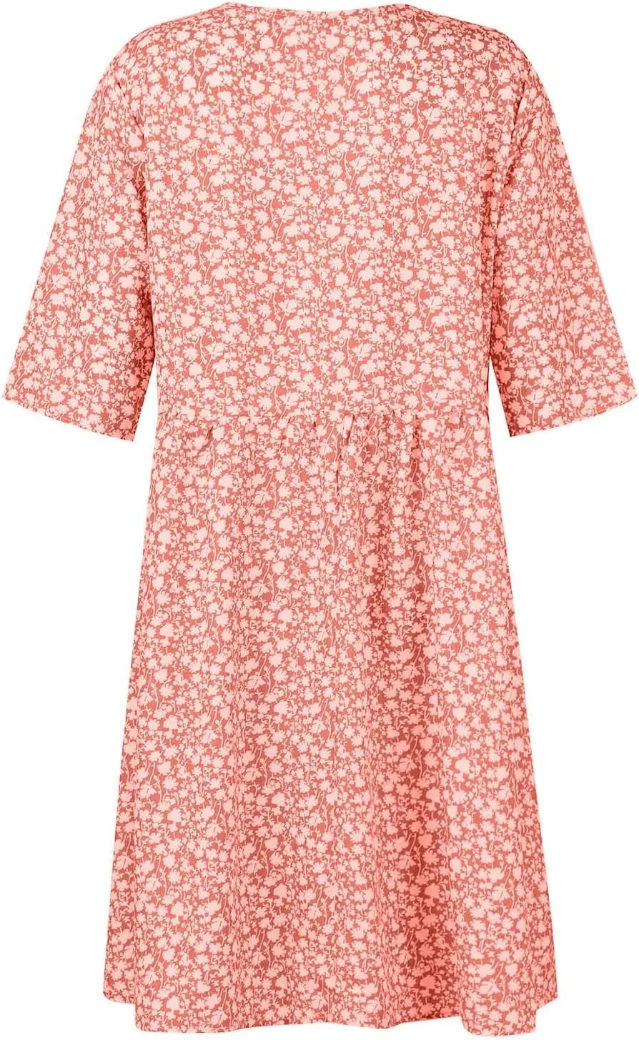 Womens Summer Dresses Casual Floral Print Midi Dress Button V Neck Short Sleeve Dresses Loose Beach Swing Sundresses
