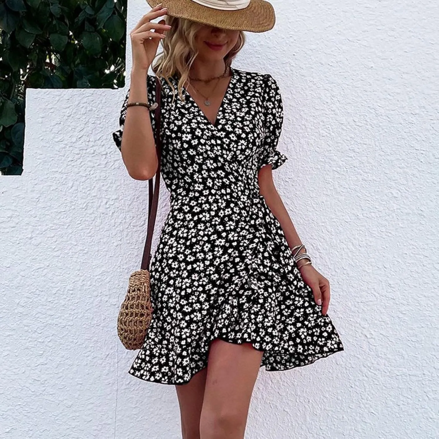 Women's Summer Floral V Neck Mini Dress Vintage Wrap Tie Waist Ruffle Short Sleeve Beach Party Dress