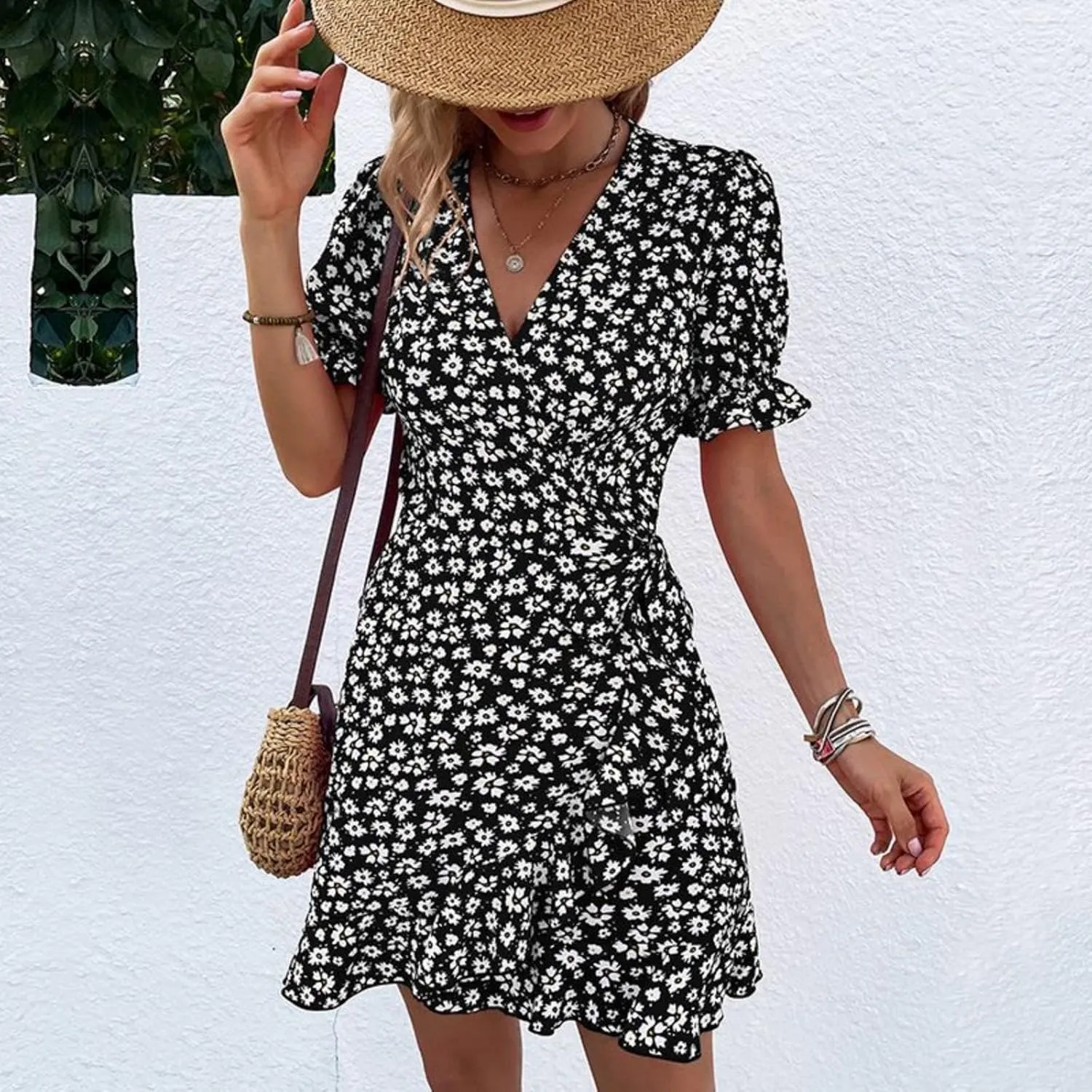 Women's Summer Floral V Neck Mini Dress Vintage Wrap Tie Waist Ruffle Short Sleeve Beach Party Dress