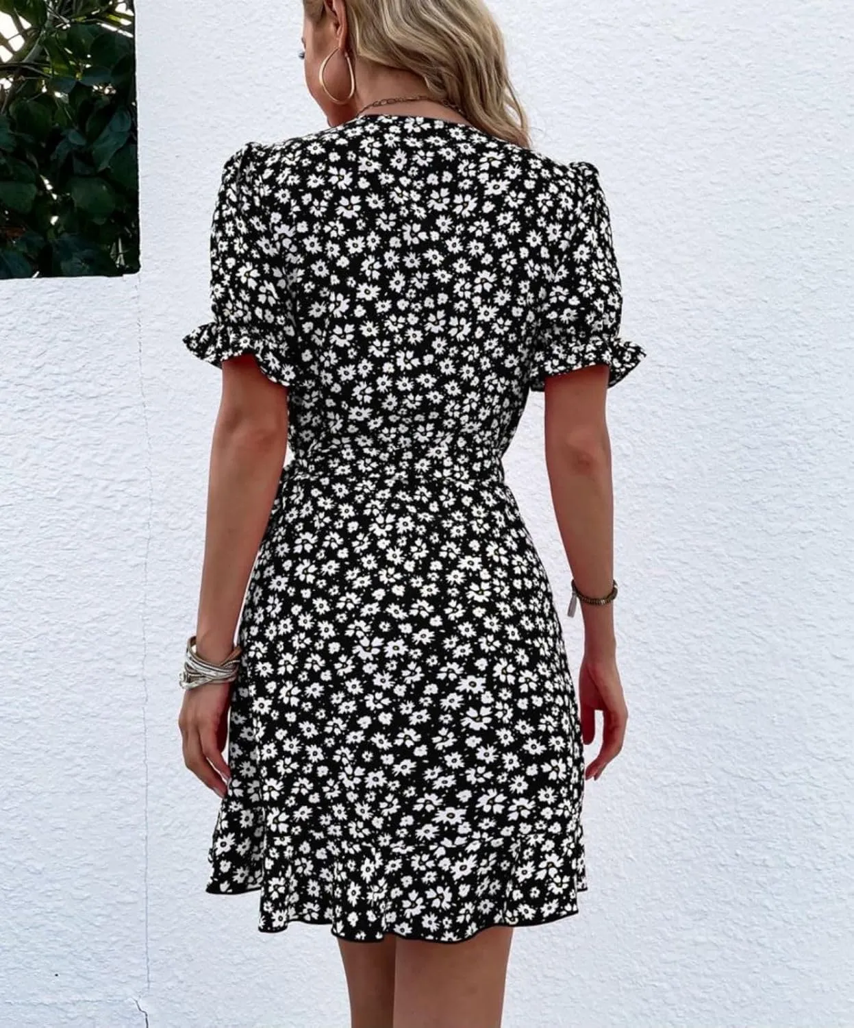 Women's Summer Floral V Neck Mini Dress Vintage Wrap Tie Waist Ruffle Short Sleeve Beach Party Dress