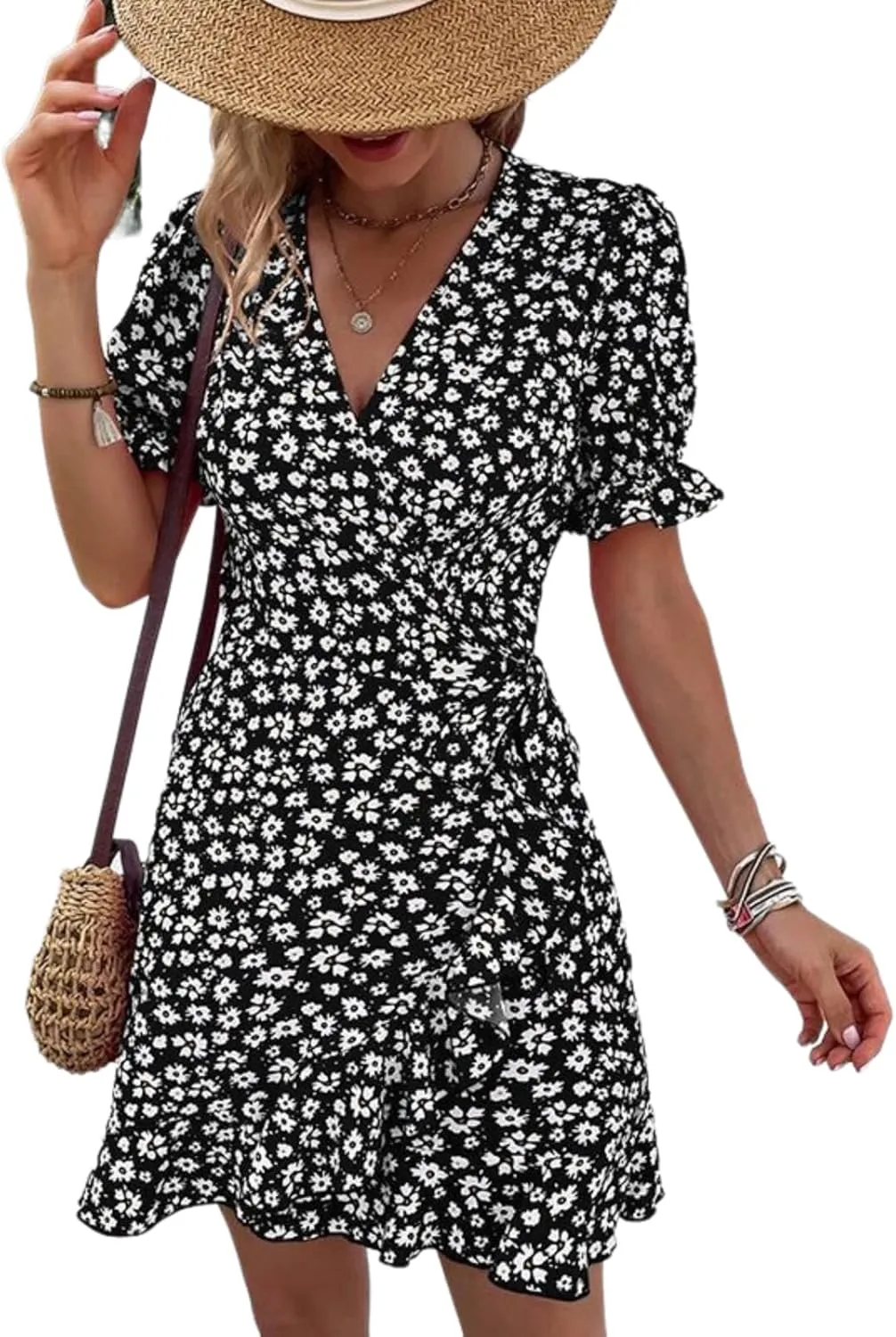Women's Summer Floral V Neck Mini Dress Vintage Wrap Tie Waist Ruffle Short Sleeve Beach Party Dress