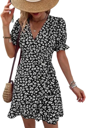 Women's Summer Floral V Neck Mini Dress Vintage Wrap Tie Waist Ruffle Short Sleeve Beach Party Dress