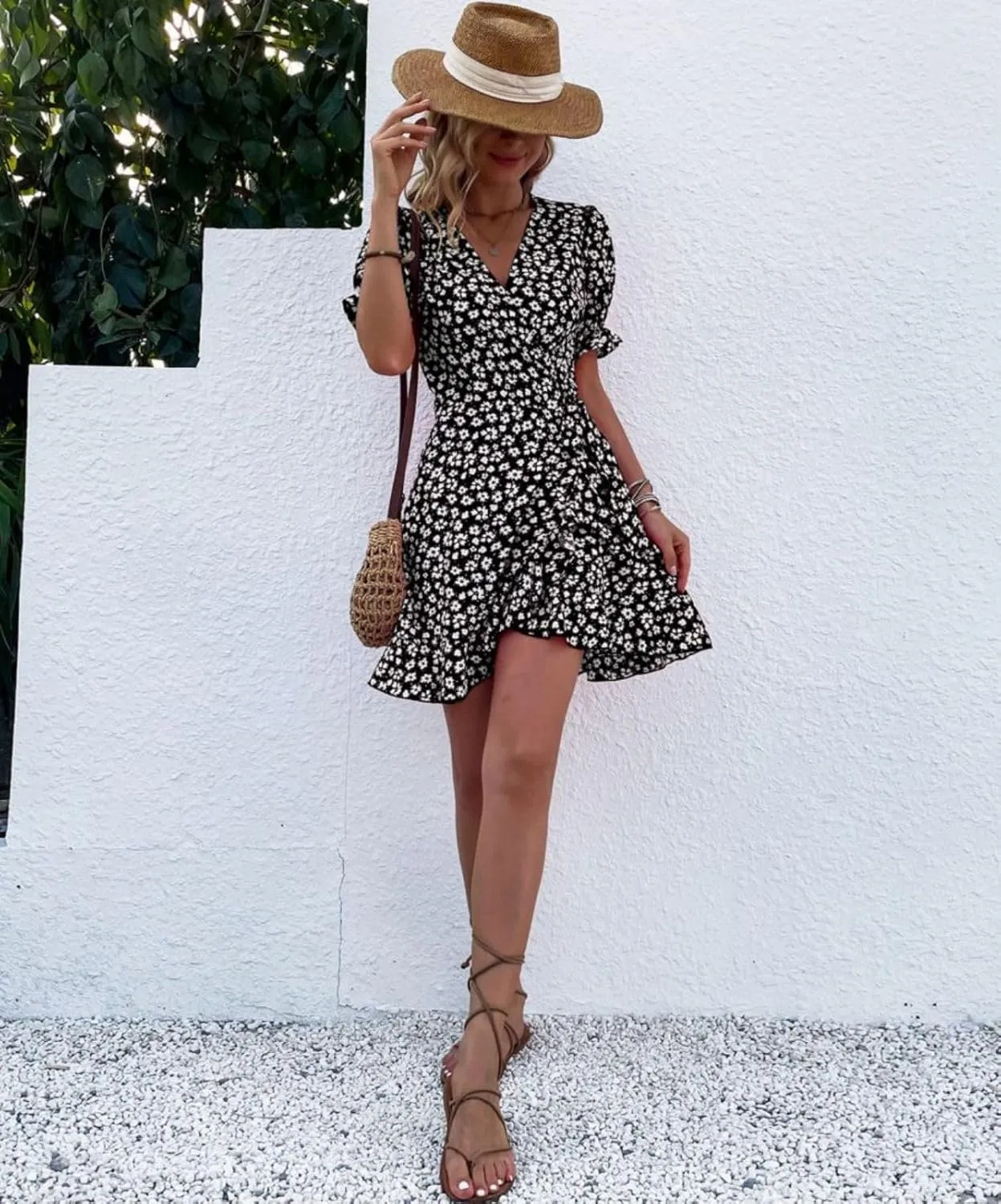 Women's Summer Floral V Neck Mini Dress Vintage Wrap Tie Waist Ruffle Short Sleeve Beach Party Dress