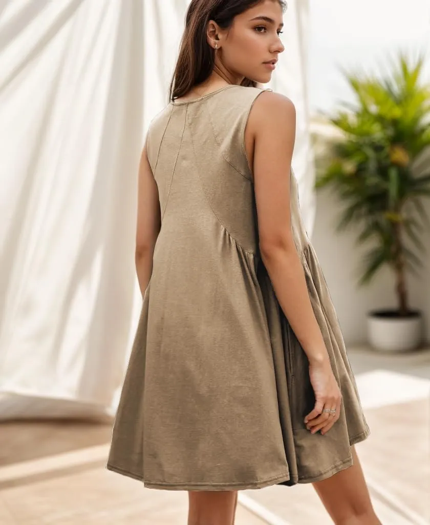 Women's Summer Sleeveless Mini Dress Loose V Neck Babydoll Dress Casual Beach Sundress with Pockets