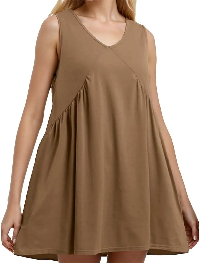 Women's Summer Sleeveless Mini Dress Loose V Neck Babydoll Dress Casual Beach Sundress with Pockets