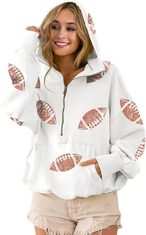 Xunger Women's Football Sequin Hoodie Half Zip Long Sleeve Rugby Patches Game Day Hooded Sweatshirt