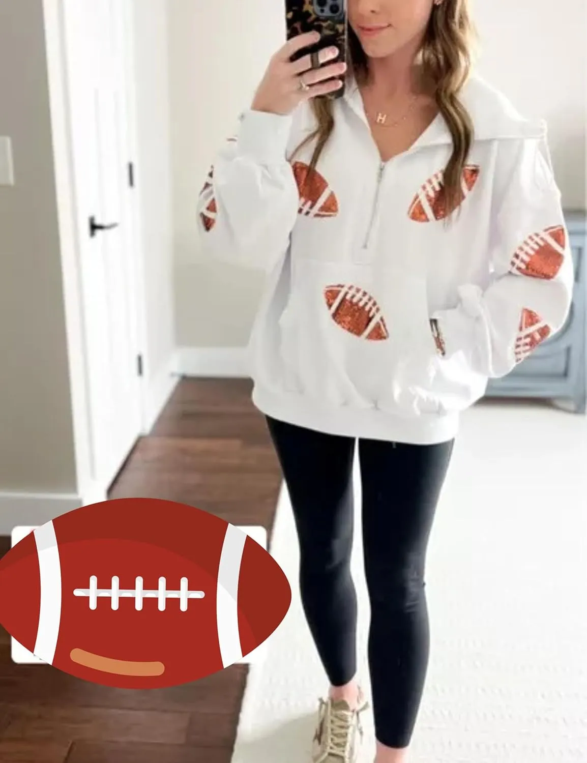 Xunger Women's Football Sequin Hoodie Half Zip Long Sleeve Rugby Patches Game Day Hooded Sweatshirt