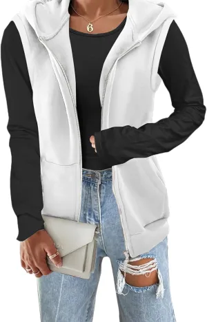 Yousify Women's Casual Thermal Sleeveless Plush Zip Up Vest Basic Hoodie Sweatshirt with Pockets