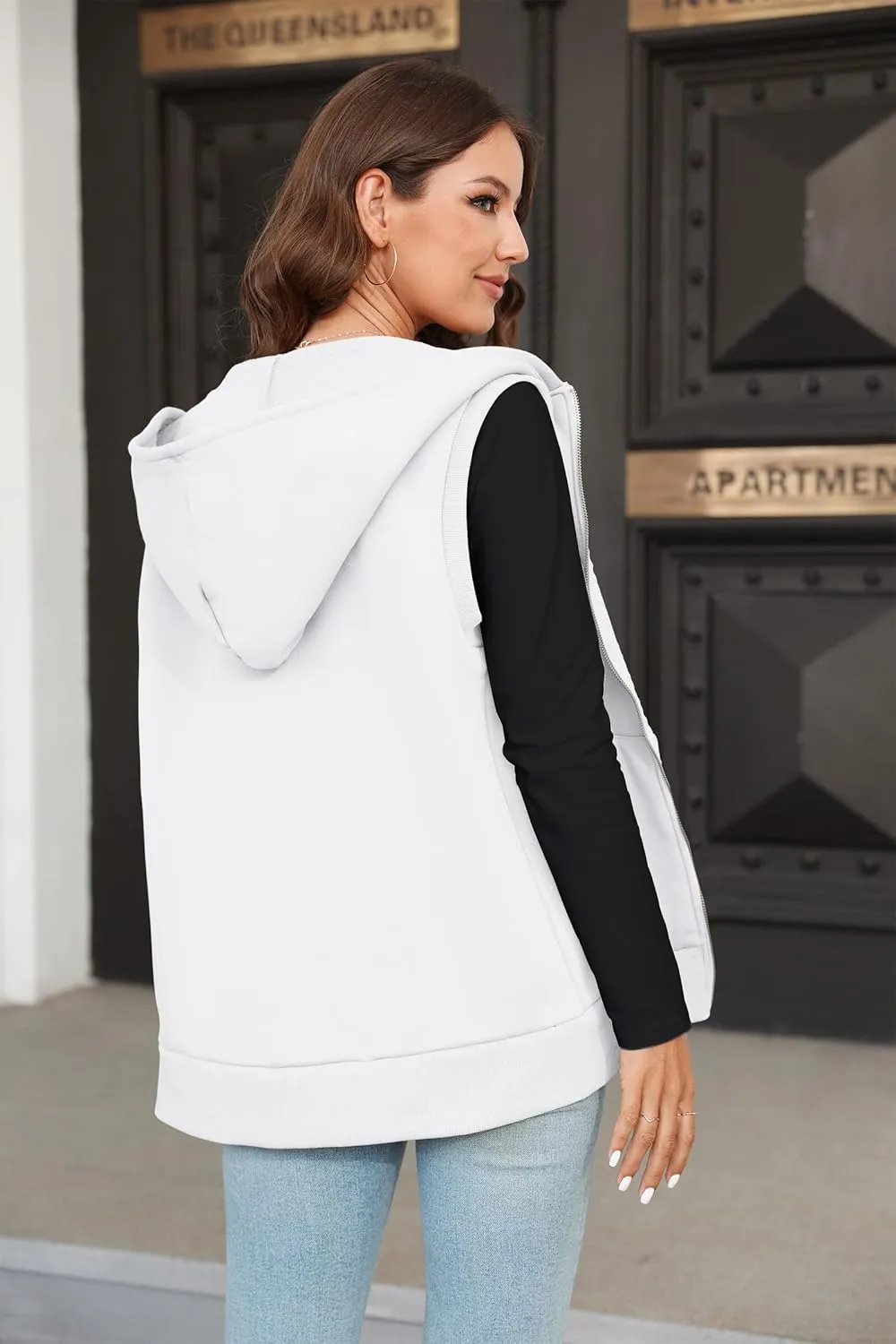 Yousify Women's Casual Thermal Sleeveless Plush Zip Up Vest Basic Hoodie Sweatshirt with Pockets
