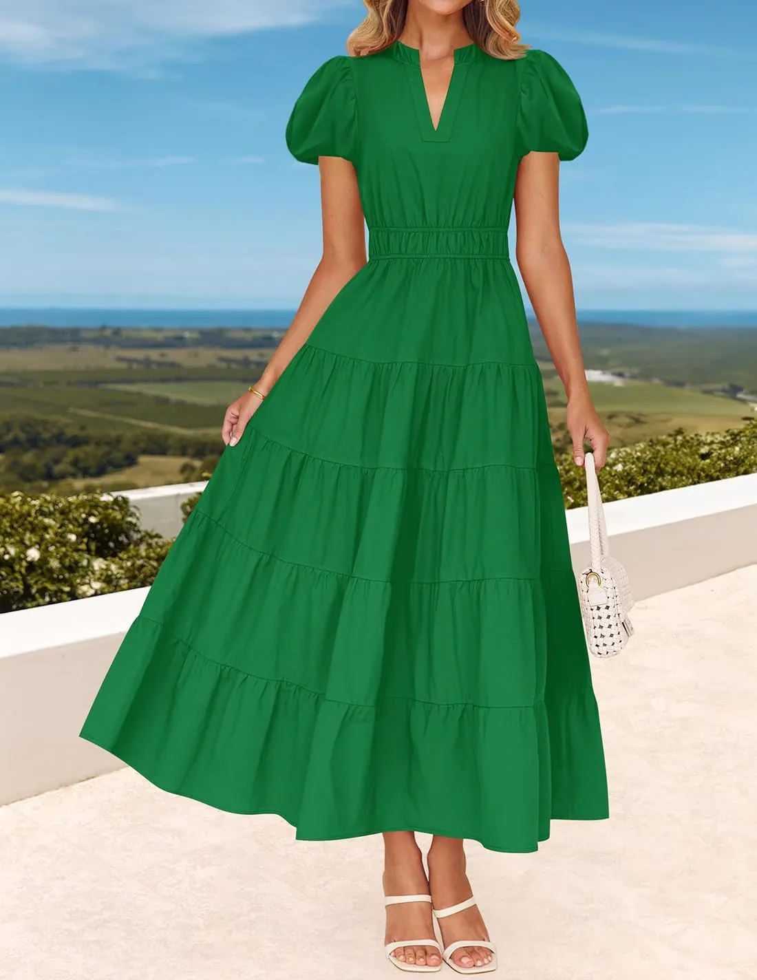 ZESICA Women's Summer Casual Maxi Dress 2025 Puff Short Sleeve V Neck Ruffle Tiered Flowy Boho Beach Dresses