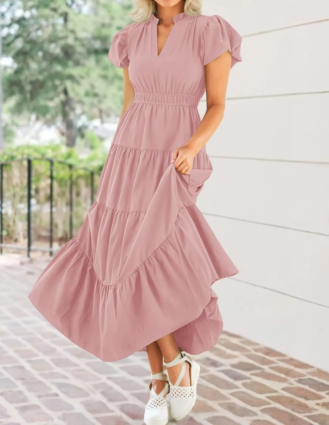 ZESICA Women's Summer Casual Maxi Dress 2025 Puff Short Sleeve V Neck Ruffle Tiered Flowy Boho Beach Dresses