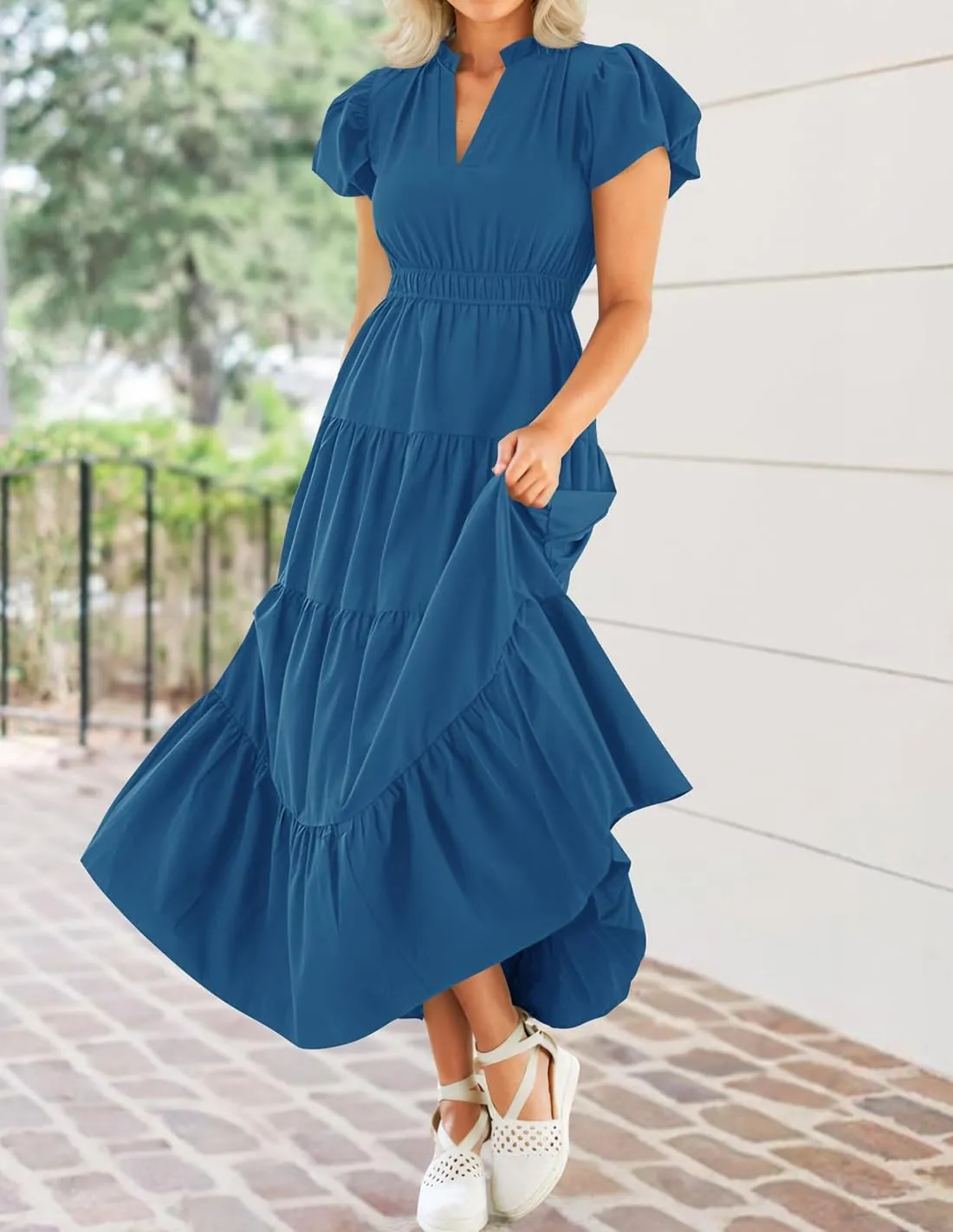 ZESICA Women's Summer Casual Maxi Dress 2025 Puff Short Sleeve V Neck Ruffle Tiered Flowy Boho Beach Dresses
