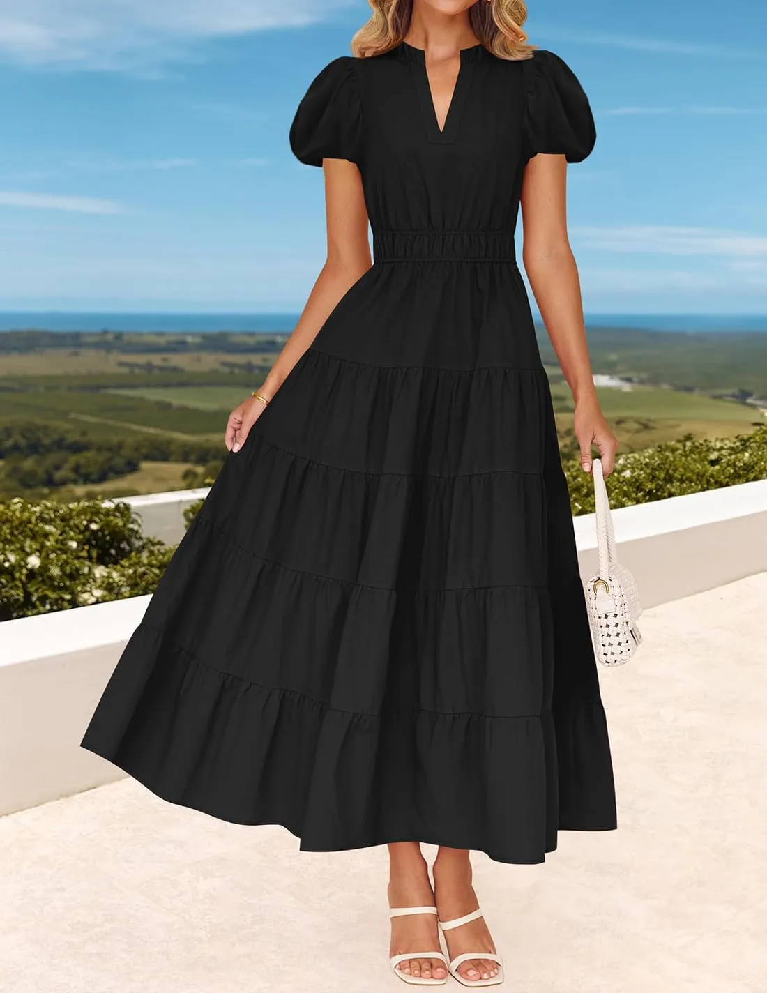 ZESICA Women's Summer Casual Maxi Dress 2025 Puff Short Sleeve V Neck Ruffle Tiered Flowy Boho Beach Dresses