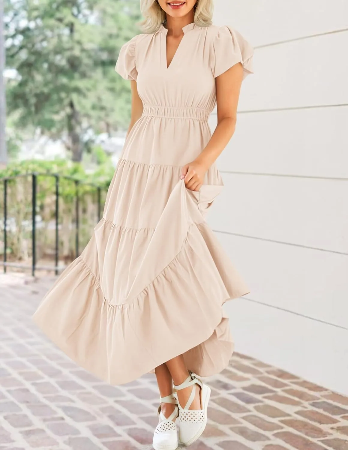 ZESICA Women's Summer Casual Maxi Dress 2025 Puff Short Sleeve V Neck Ruffle Tiered Flowy Boho Beach Dresses