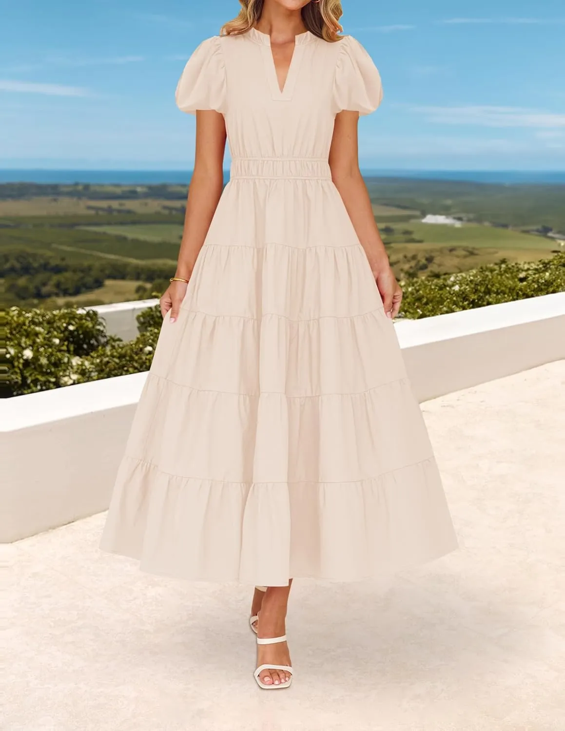 ZESICA Women's Summer Casual Maxi Dress 2025 Puff Short Sleeve V Neck Ruffle Tiered Flowy Boho Beach Dresses