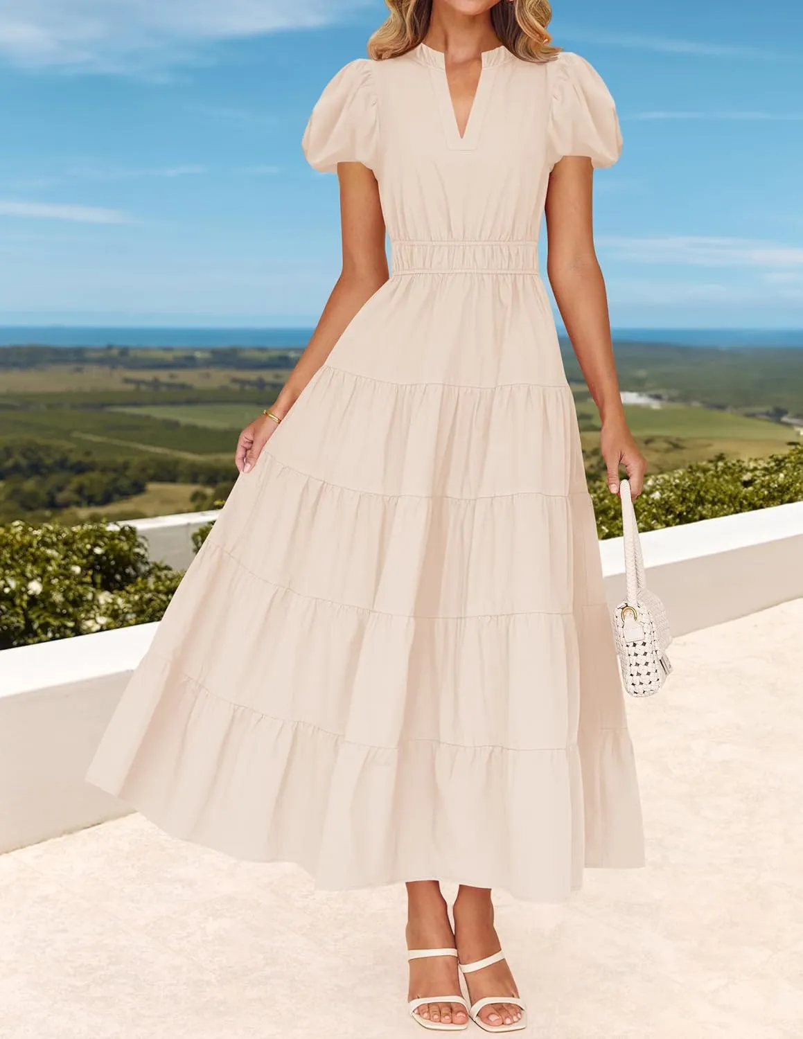 ZESICA Women's Summer Casual Maxi Dress 2025 Puff Short Sleeve V Neck Ruffle Tiered Flowy Boho Beach Dresses