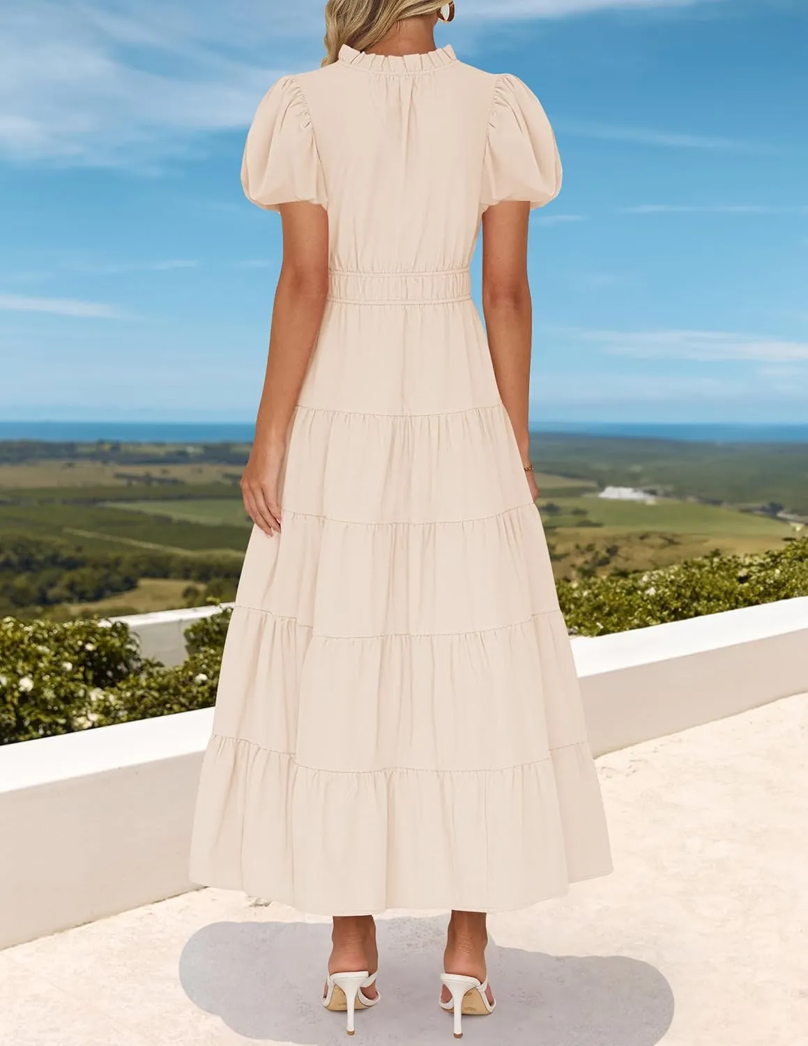ZESICA Women's Summer Casual Maxi Dress 2025 Puff Short Sleeve V Neck Ruffle Tiered Flowy Boho Beach Dresses