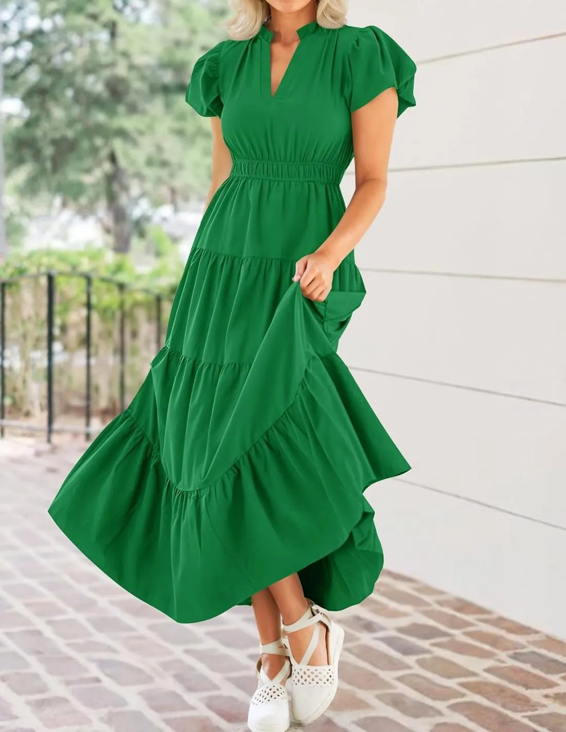 ZESICA Women's Summer Casual Maxi Dress 2025 Puff Short Sleeve V Neck Ruffle Tiered Flowy Boho Beach Dresses