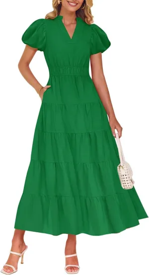 ZESICA Women's Summer Casual Maxi Dress 2025 Puff Short Sleeve V Neck Ruffle Tiered Flowy Boho Beach Dresses