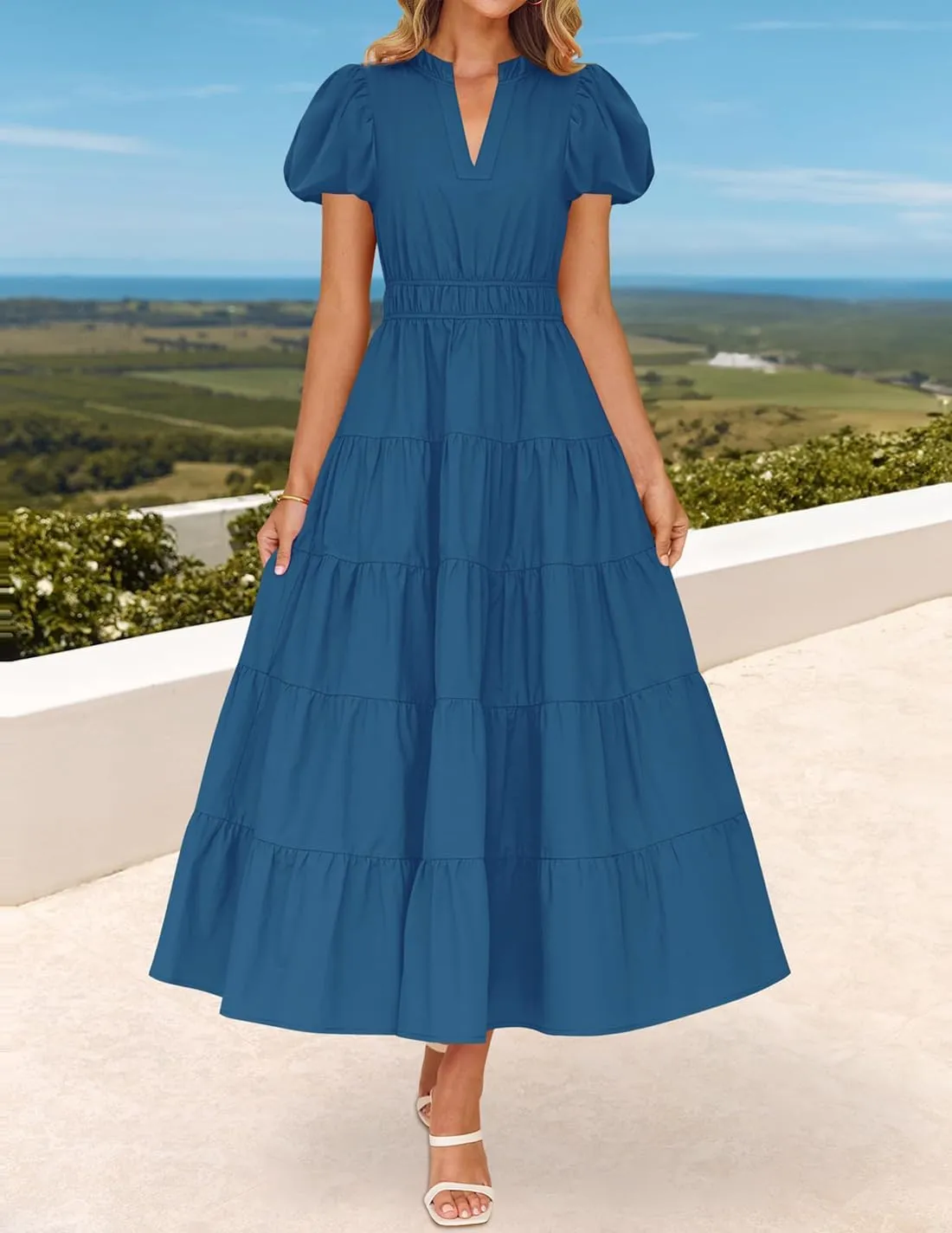 ZESICA Women's Summer Casual Maxi Dress 2025 Puff Short Sleeve V Neck Ruffle Tiered Flowy Boho Beach Dresses