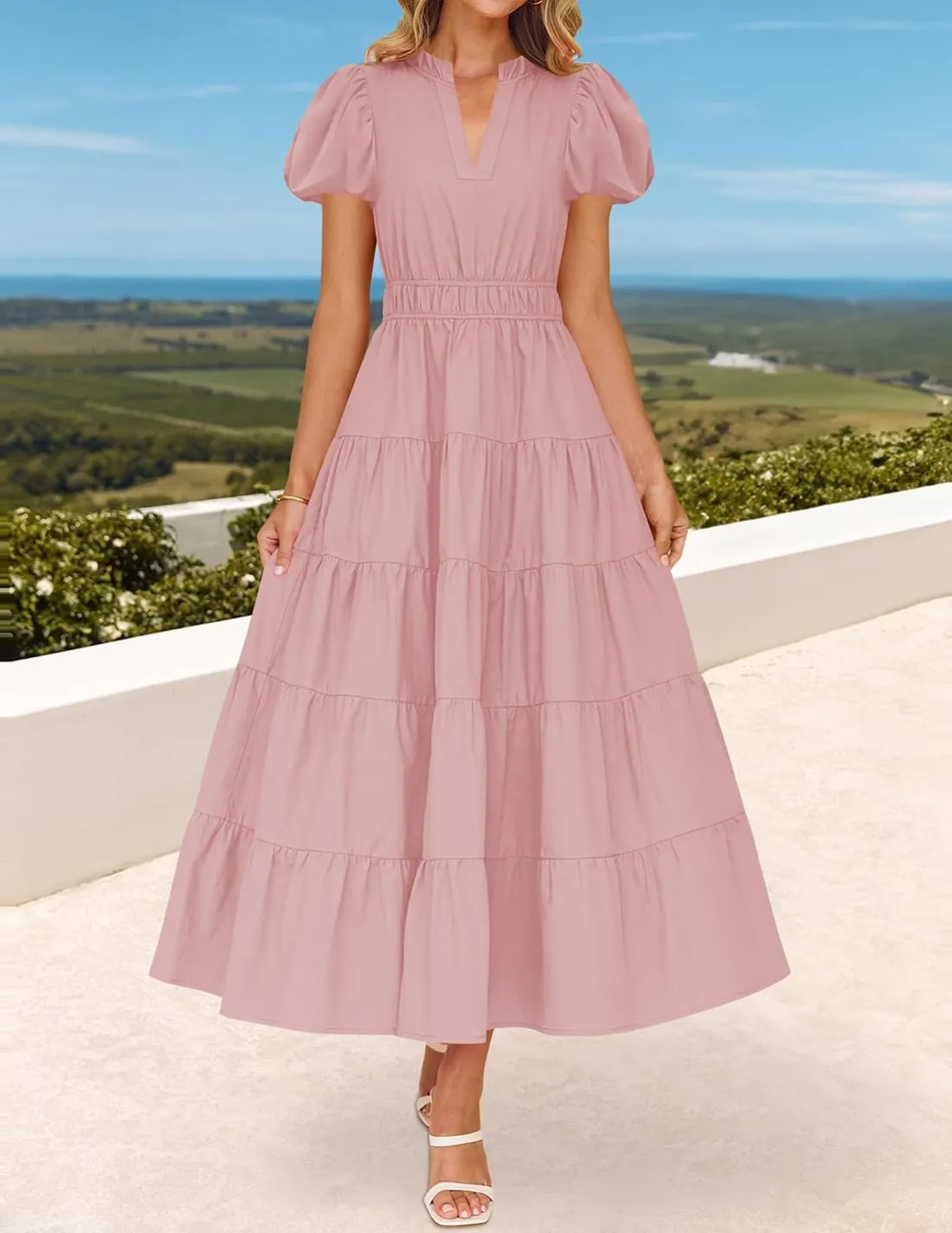 ZESICA Women's Summer Casual Maxi Dress 2025 Puff Short Sleeve V Neck Ruffle Tiered Flowy Boho Beach Dresses