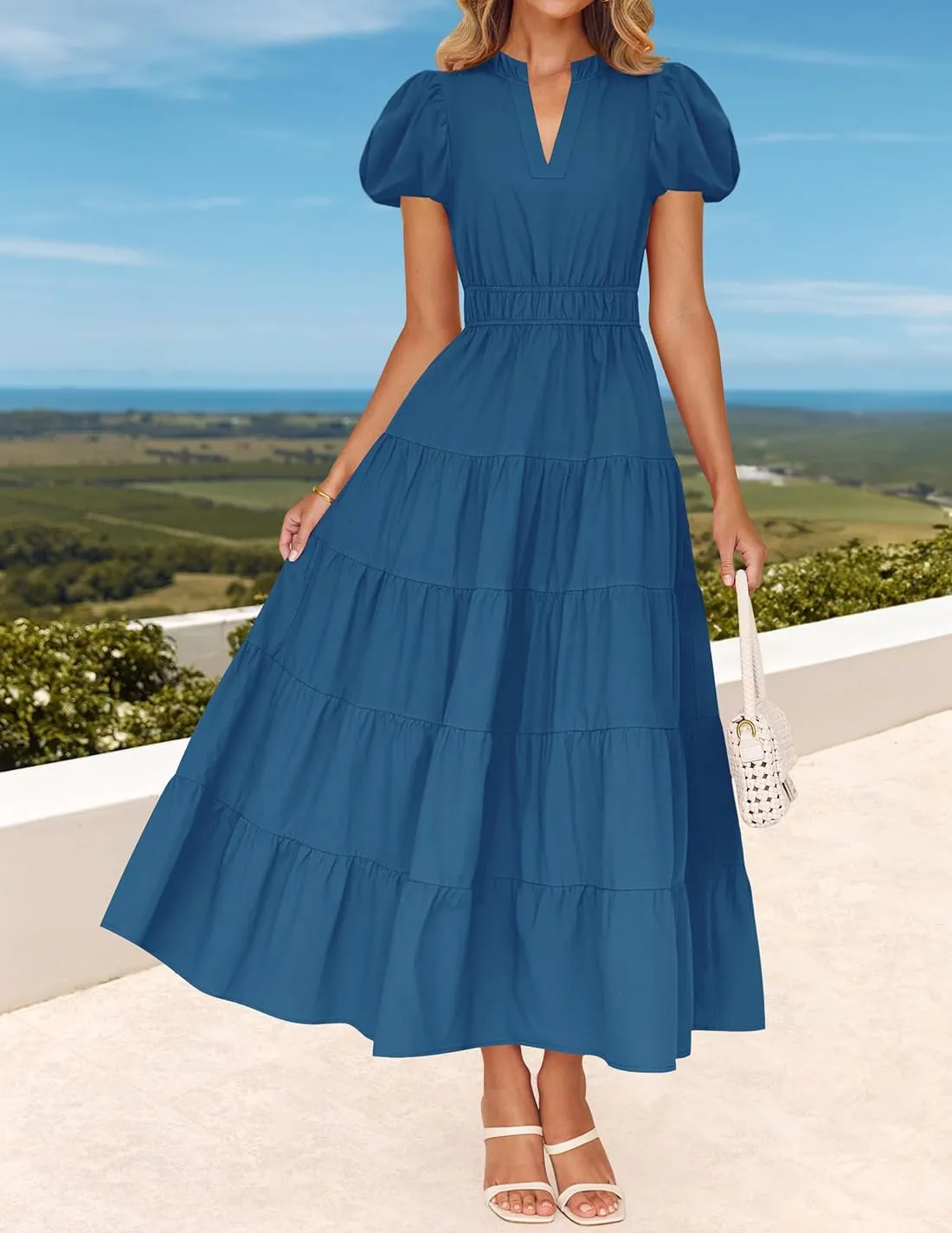 ZESICA Women's Summer Casual Maxi Dress 2025 Puff Short Sleeve V Neck Ruffle Tiered Flowy Boho Beach Dresses