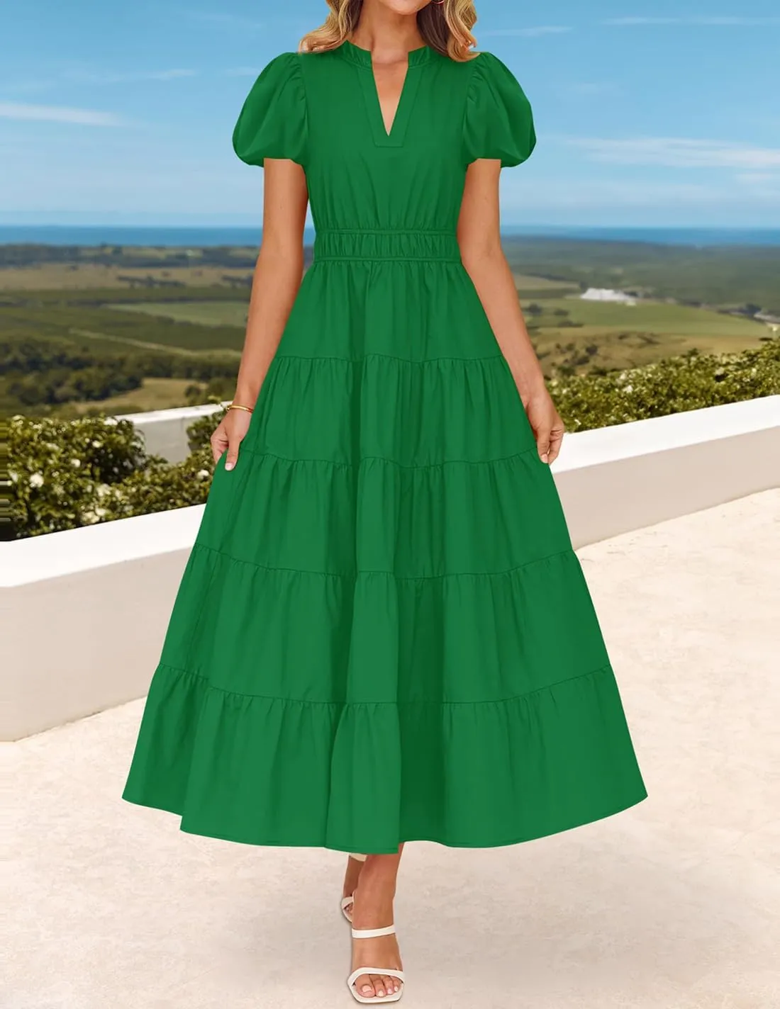 ZESICA Women's Summer Casual Maxi Dress 2025 Puff Short Sleeve V Neck Ruffle Tiered Flowy Boho Beach Dresses