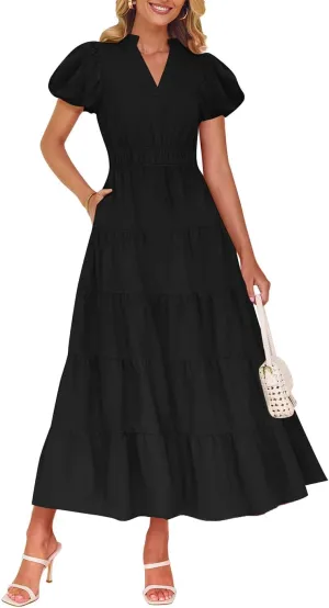 ZESICA Women's Summer Casual Maxi Dress 2025 Puff Short Sleeve V Neck Ruffle Tiered Flowy Boho Beach Dresses