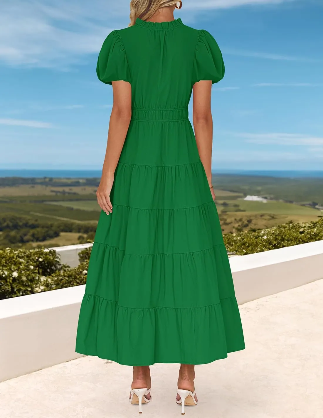 ZESICA Women's Summer Casual Maxi Dress 2025 Puff Short Sleeve V Neck Ruffle Tiered Flowy Boho Beach Dresses