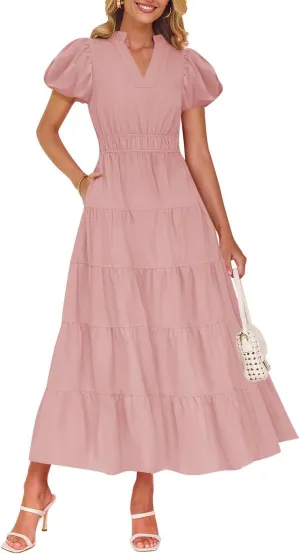 ZESICA Women's Summer Casual Maxi Dress 2025 Puff Short Sleeve V Neck Ruffle Tiered Flowy Boho Beach Dresses