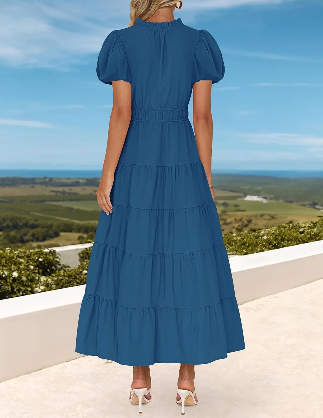 ZESICA Women's Summer Casual Maxi Dress 2025 Puff Short Sleeve V Neck Ruffle Tiered Flowy Boho Beach Dresses