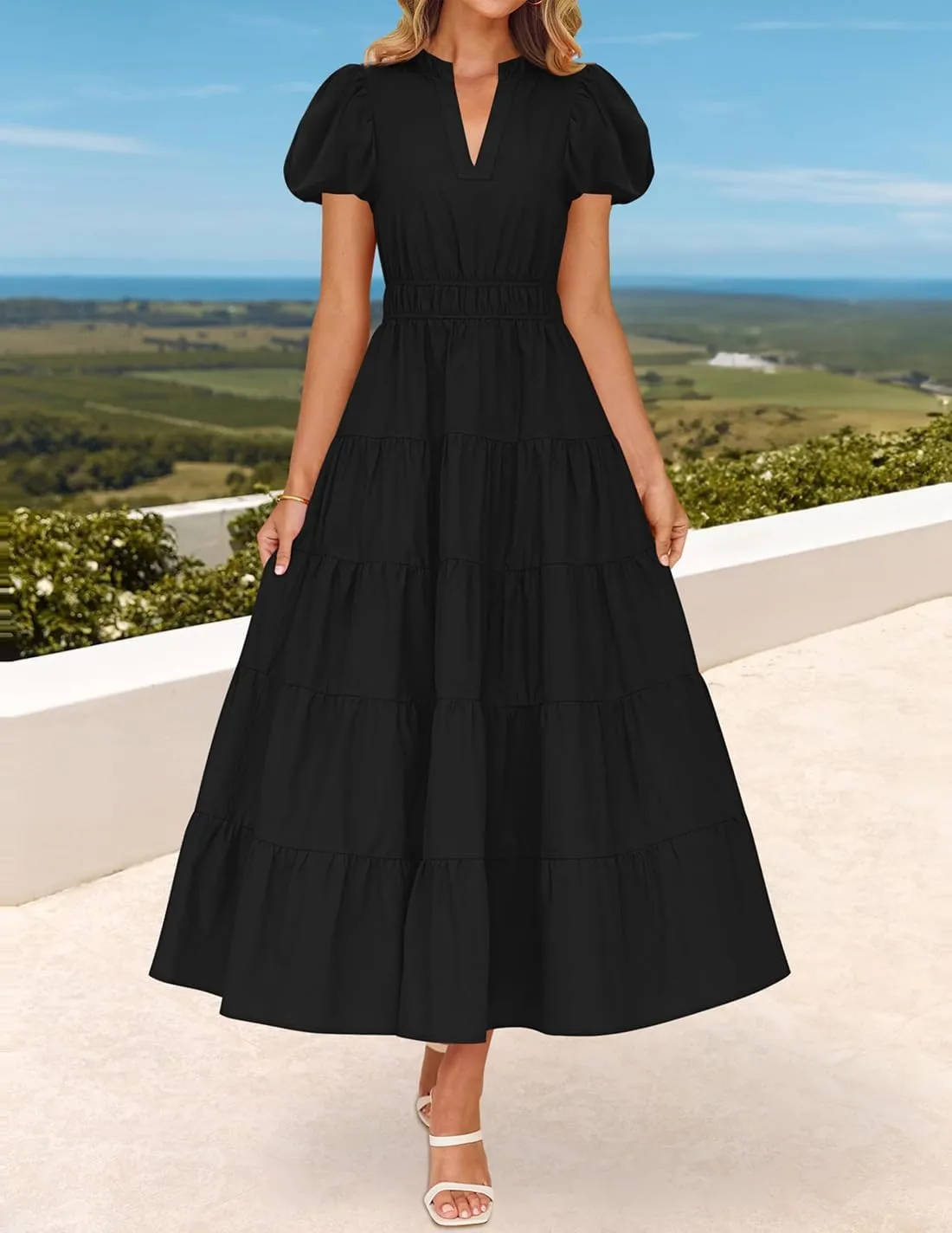 ZESICA Women's Summer Casual Maxi Dress 2025 Puff Short Sleeve V Neck Ruffle Tiered Flowy Boho Beach Dresses