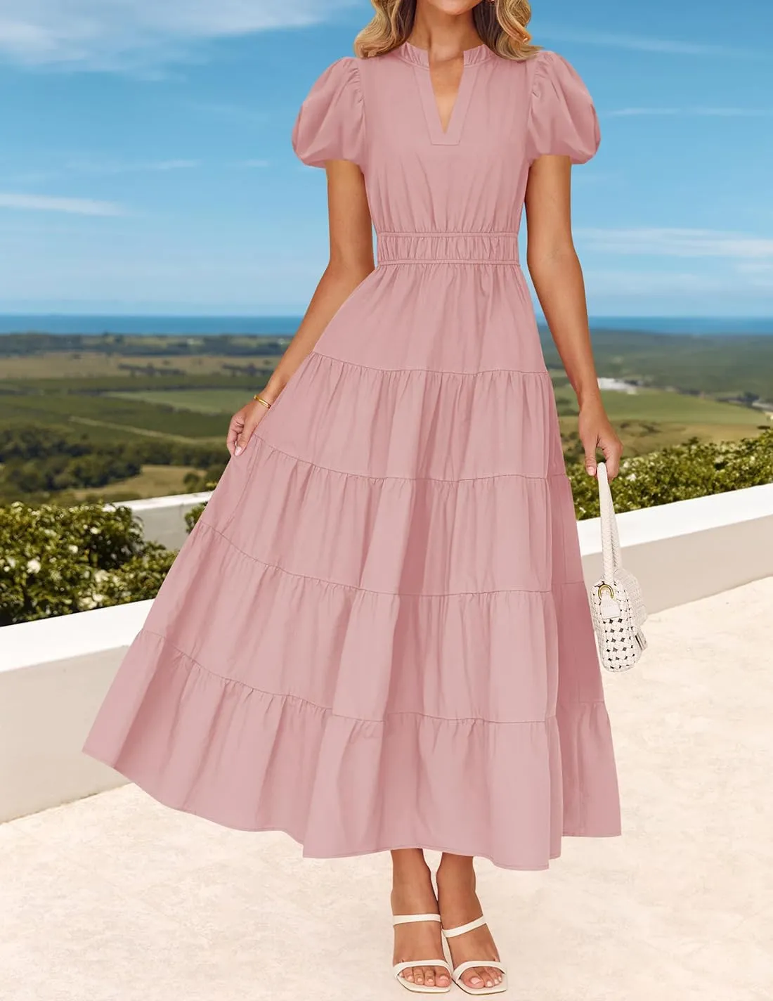 ZESICA Women's Summer Casual Maxi Dress 2025 Puff Short Sleeve V Neck Ruffle Tiered Flowy Boho Beach Dresses