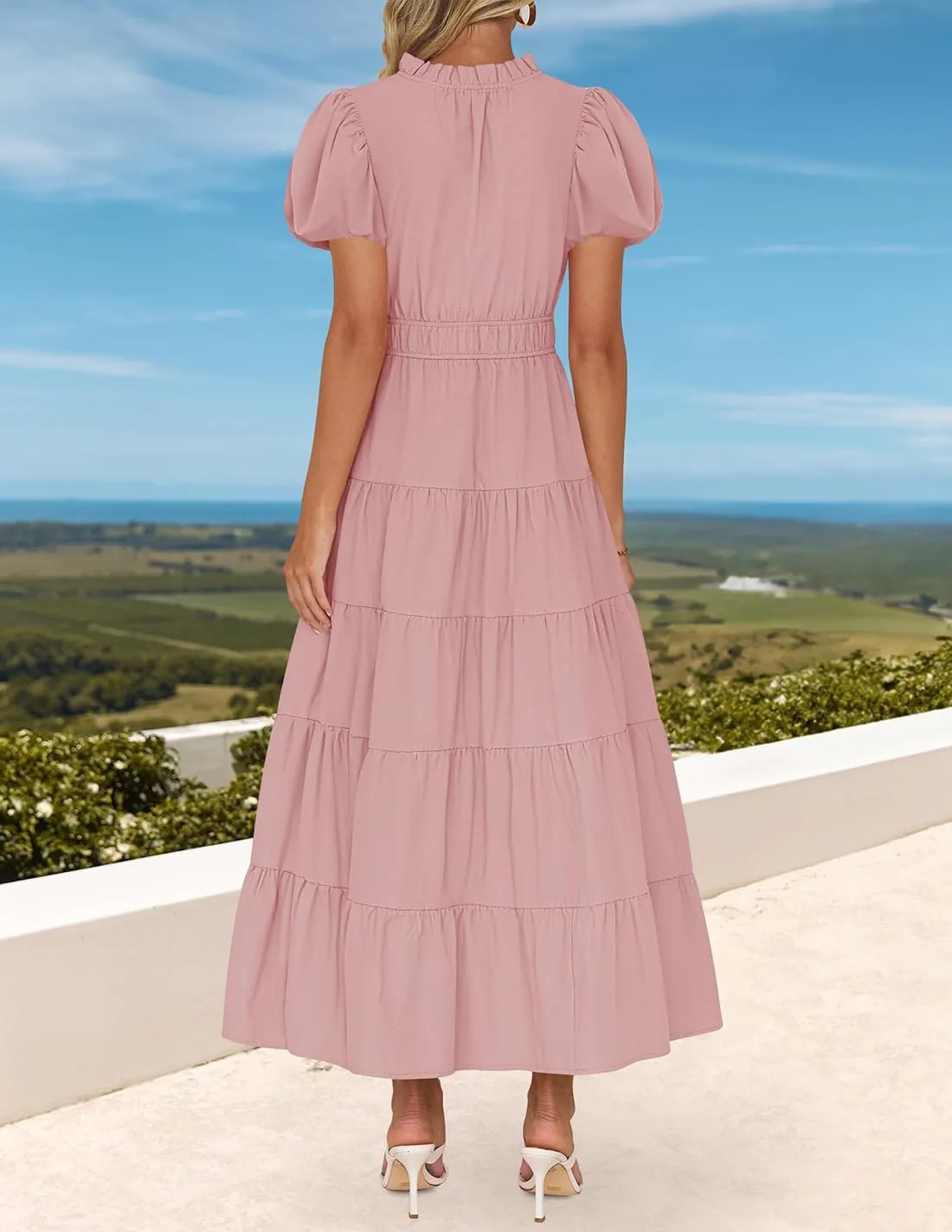 ZESICA Women's Summer Casual Maxi Dress 2025 Puff Short Sleeve V Neck Ruffle Tiered Flowy Boho Beach Dresses