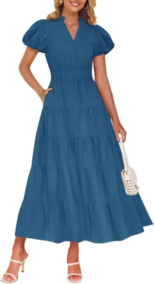 ZESICA Women's Summer Casual Maxi Dress 2025 Puff Short Sleeve V Neck Ruffle Tiered Flowy Boho Beach Dresses